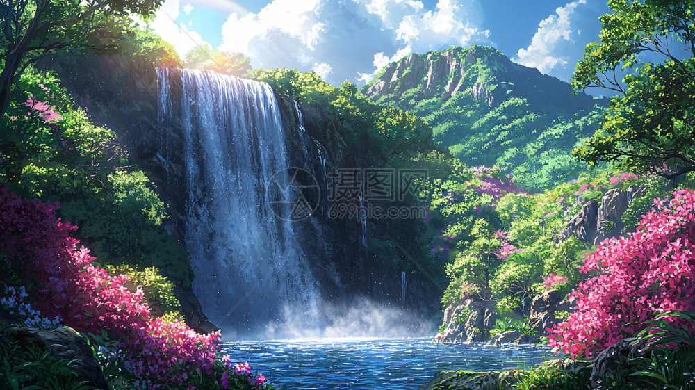 瀑布山水风景如画插画图片下载-正版图片700653687-摄图网