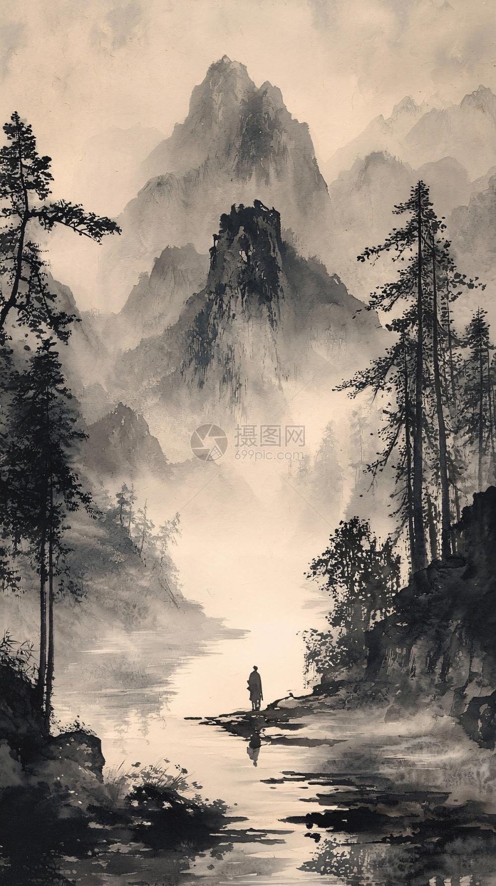 水墨画山水插画图片下载-正版图片700657357-摄图网