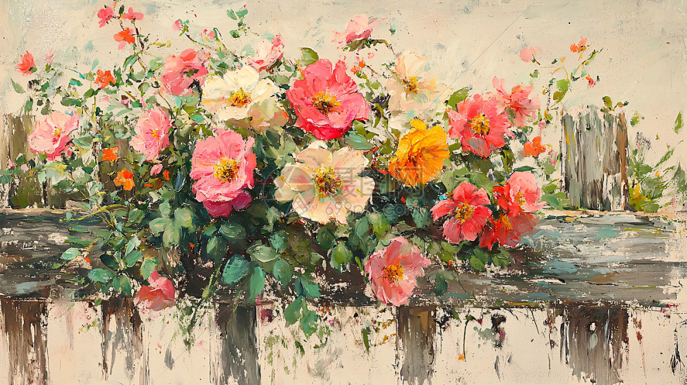 油画花卉篱笆风景插画图片下载-正版图片700659815-摄图网