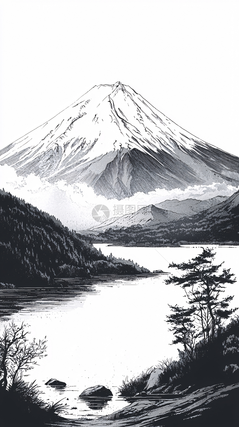 富士山黑白画插画图片下载-正版图片700664613-摄图网