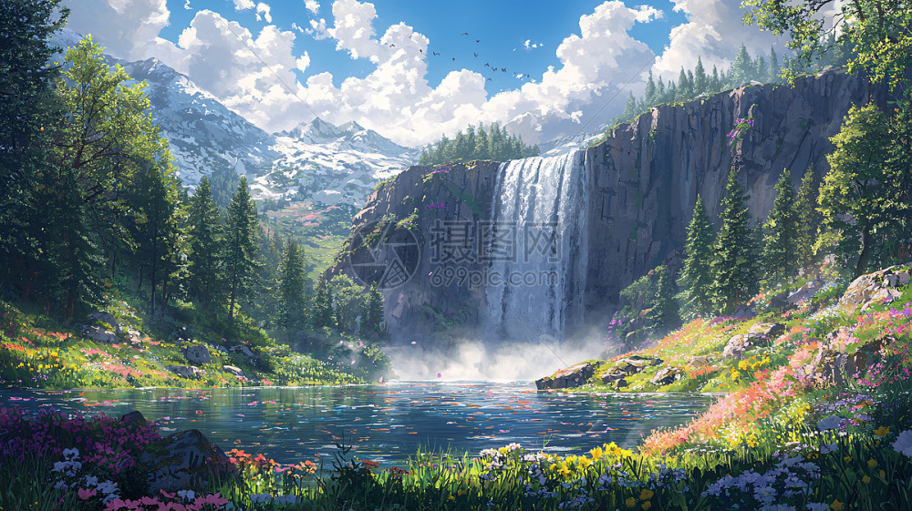 高山瀑布插画图片下载-正版图片700666526-摄图网