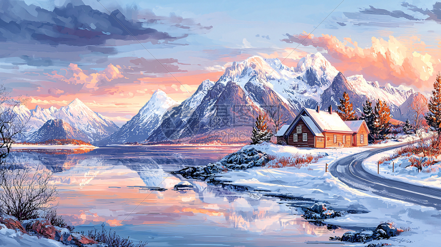 雪山小屋宁静冬日景色插画图片下载-正版图片700667463-摄图网