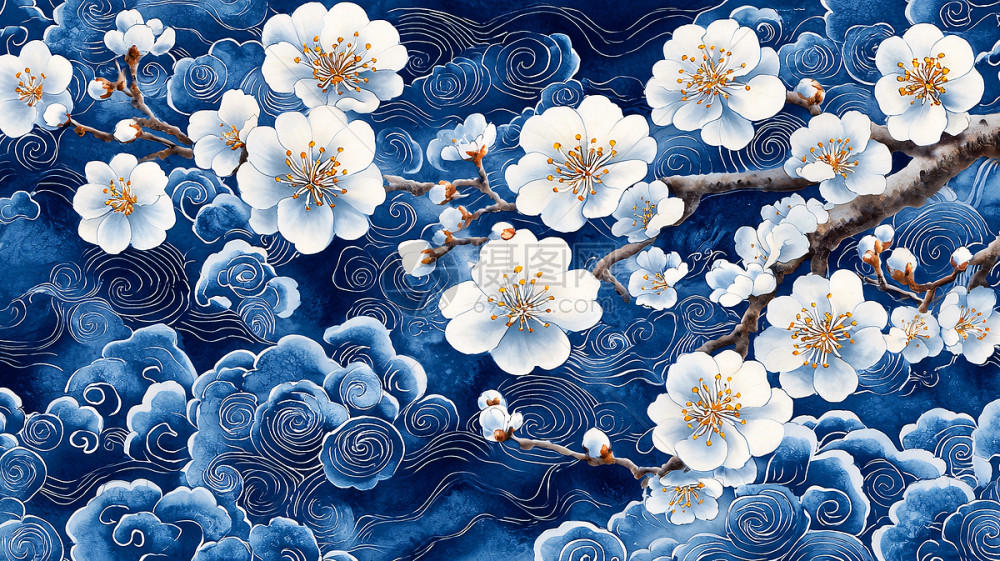苗墨　水墨画 梅花 玉骨仙姿 青色背景 水墨梅花插画图片下载-正版图片700674489-摄图网