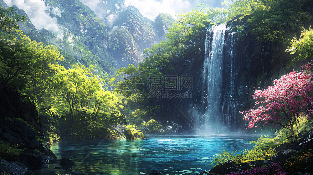 梦幻山水瀑布插画图片下载-正版图片700676780-摄图网