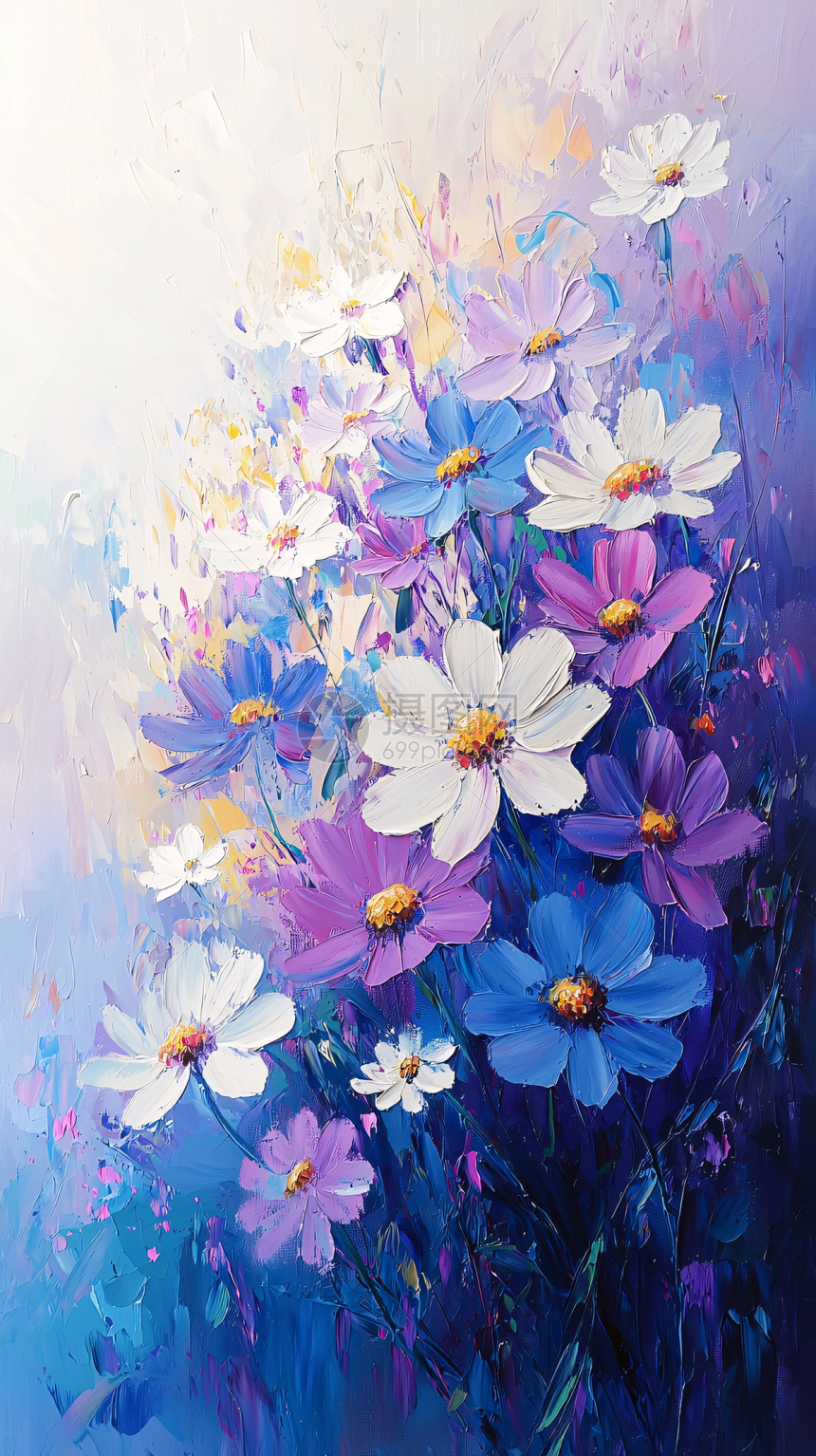花 油彩画 紫色蓝色白色雏菊花束油画插画图片下载-正版图片700685232-摄图网