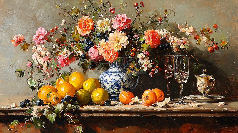 静物画 花籠 油彩画 静物油画花卉水果插画图片下载-正版图片700687720-摄图网