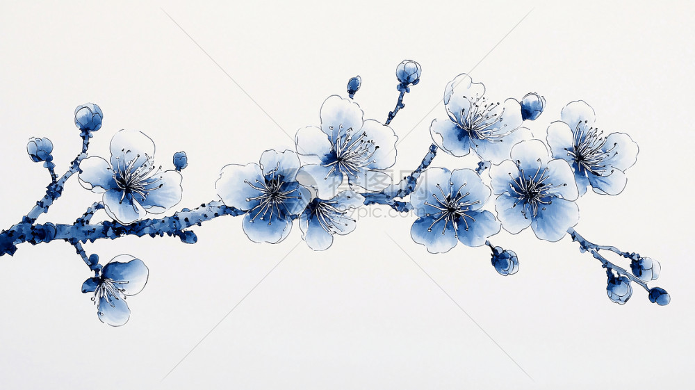 苗墨　水墨画 梅花 玉骨仙姿 青色背景 水墨梅花插画图片下载-正版图片700690322-摄图网