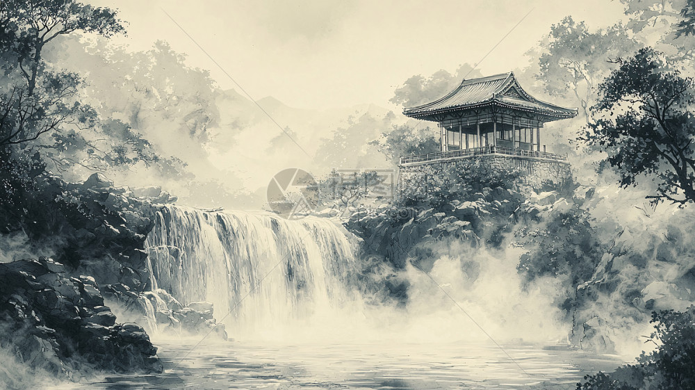 水墨画瀑布插画图片下载-正版图片700707382-摄图网