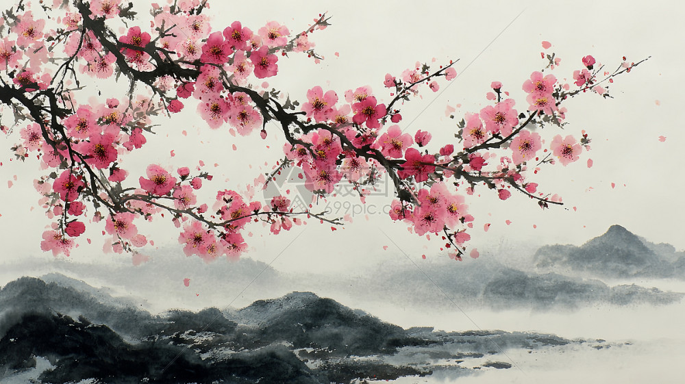 中国传统水墨画樱花山水图插画图片下载-正版图片700716887-摄图网