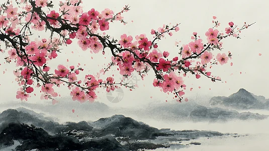 櫻花山水圖 中国传统水墨画樱花山水图插画图片下载-正版图片700716887-摄图网