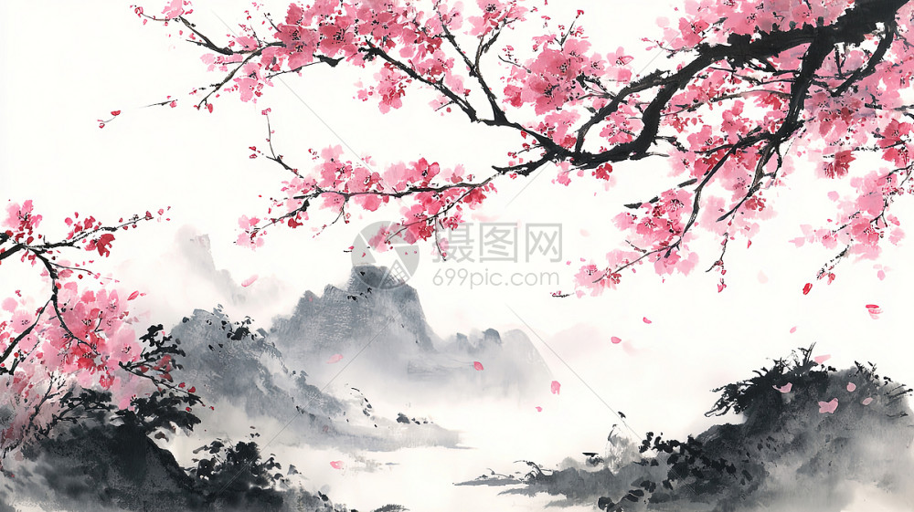 中国传统水墨画樱花山水图插画图片下载-正版图片700716890-摄图网